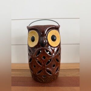 Ceramic Brown Glazed Owl Tea Light Candle Holder Hanging